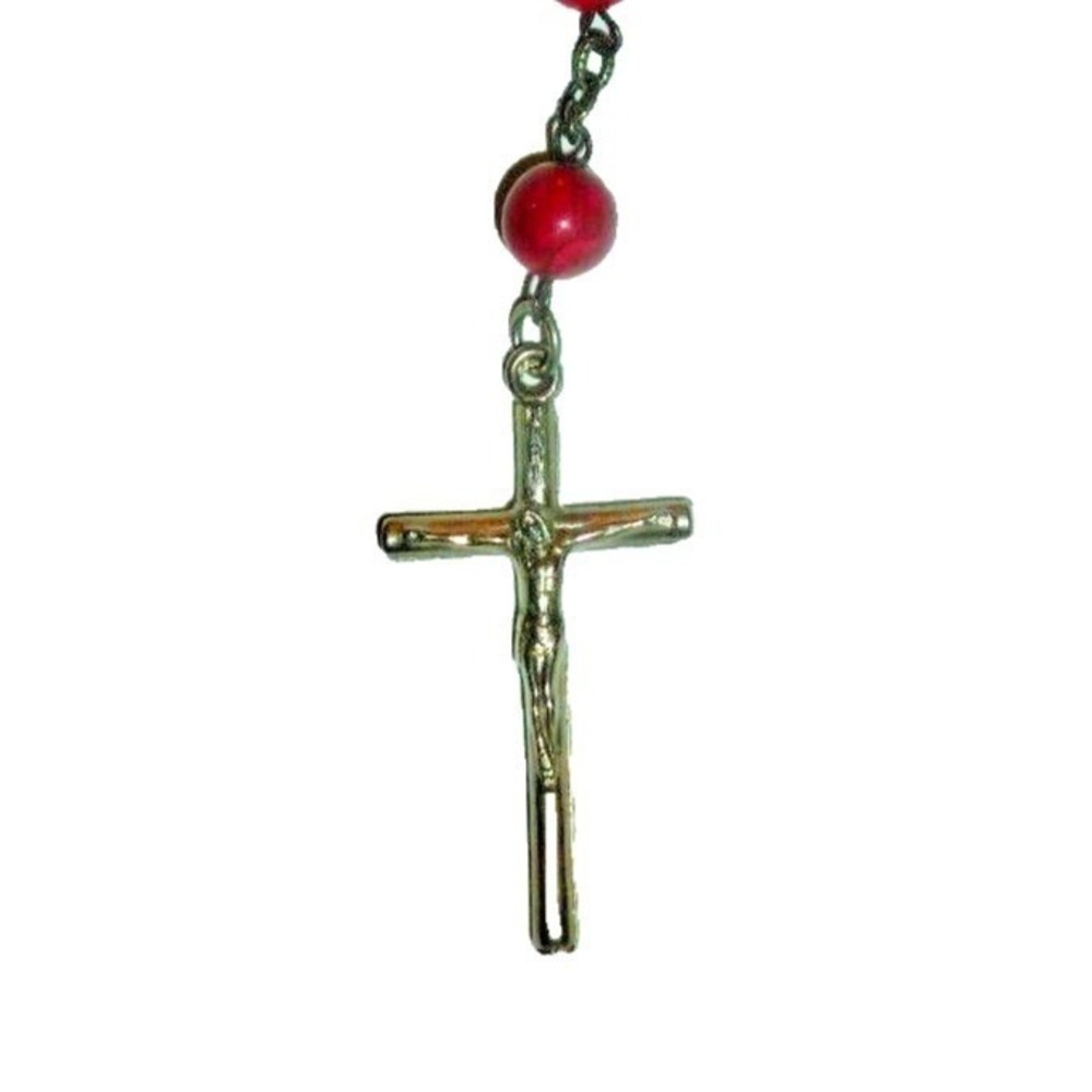 Red Faux Stone Bead Rosary Bracelet Silver Tone Crucifix Religious Jewelry
